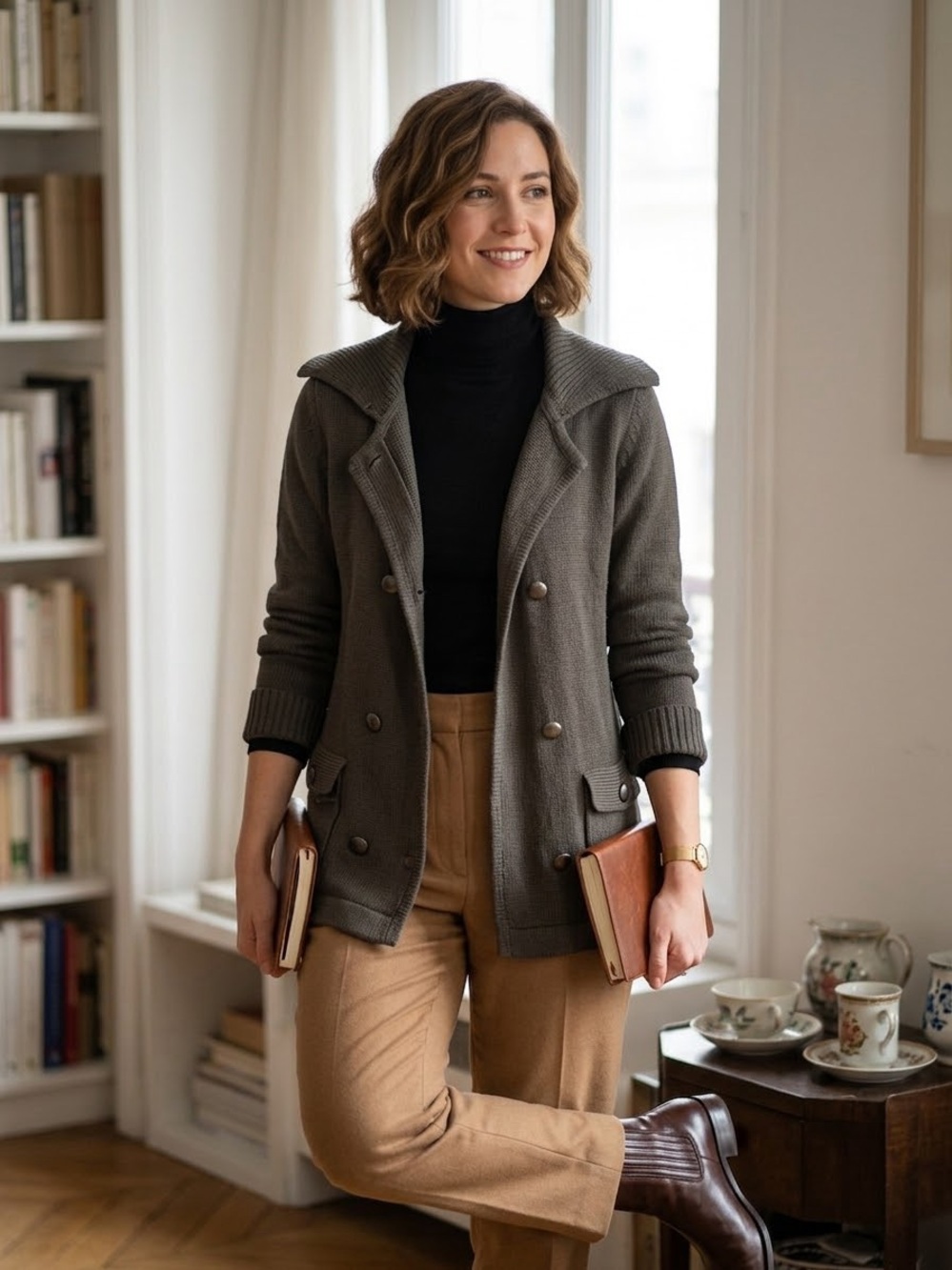 McDuff Dark Taupe Brown Wool Cashmere Double Breasted Button Cardigan Sweater L
